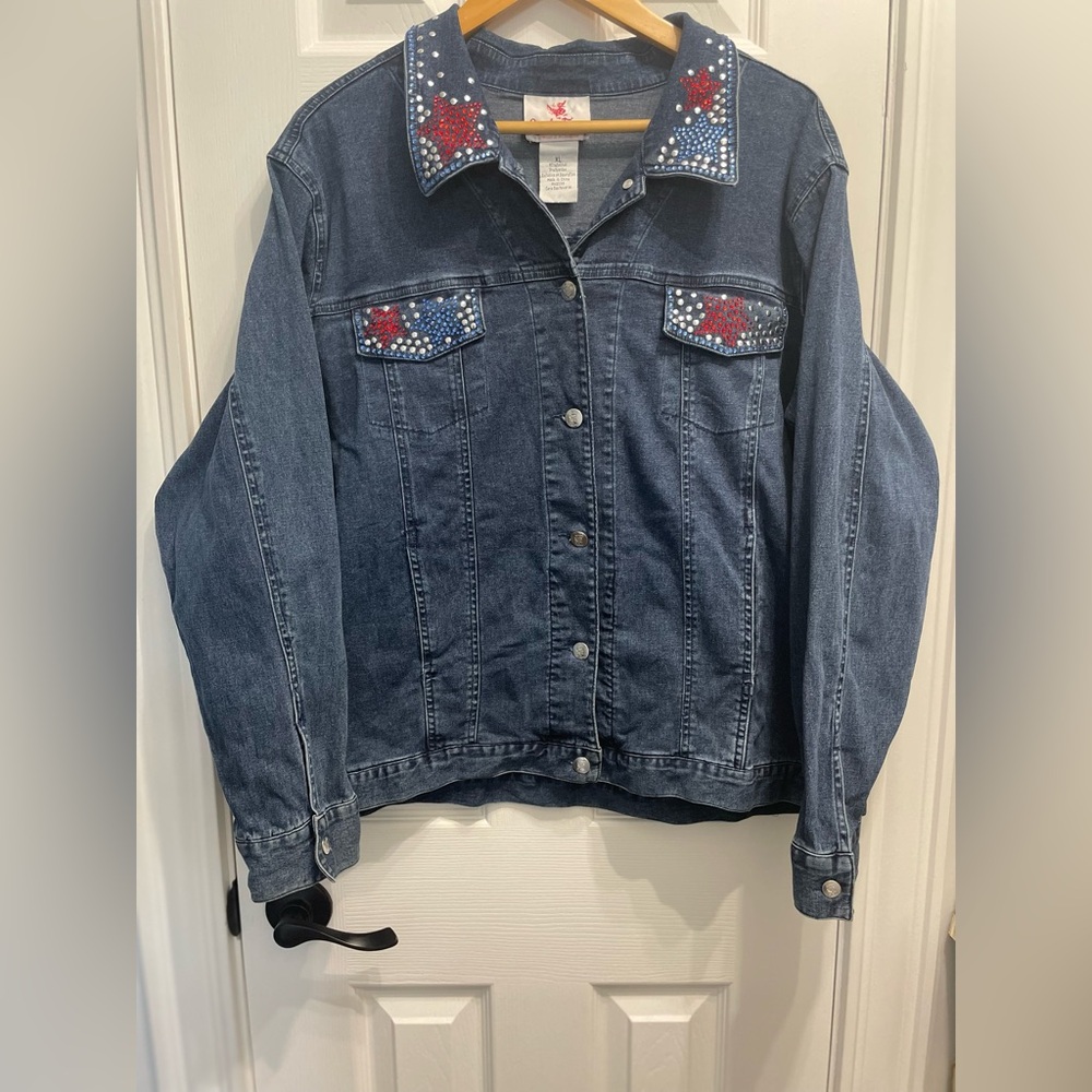 Quacker Factory Jacket Women’s XL Denim Jean Rhinestone Studded Blue Red USA